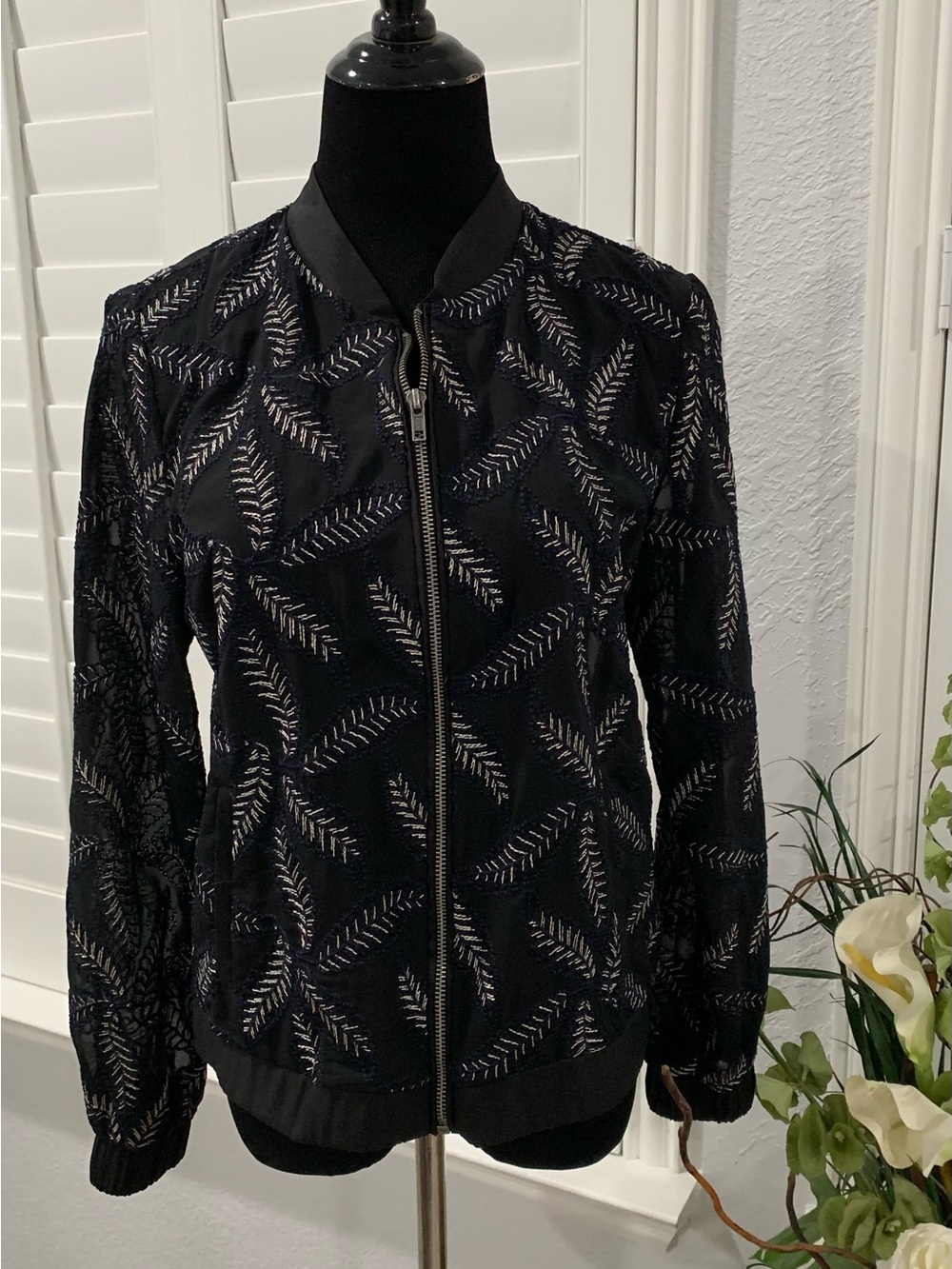 Peck & Peck Black Jacket with Silver and Blue Embroidered Leaf Motif